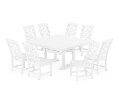 POLYWOOD Chinoiserie 9-Piece Square Side Chair Dining Set with Trestle Legs in White