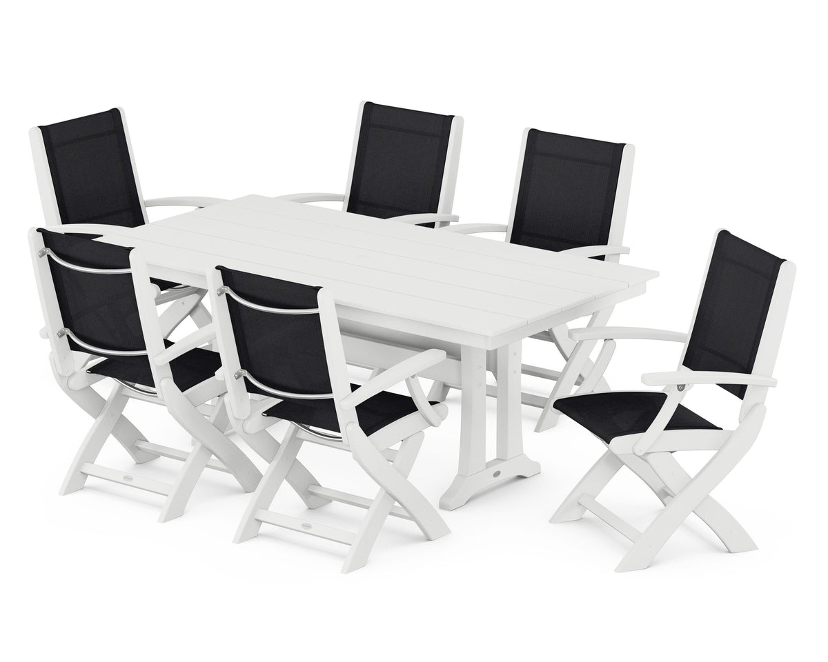 POLYWOOD Coastal Folding Arm Chair 7-Piece Farmhouse Dining Set with Trestle Legs in White / Black