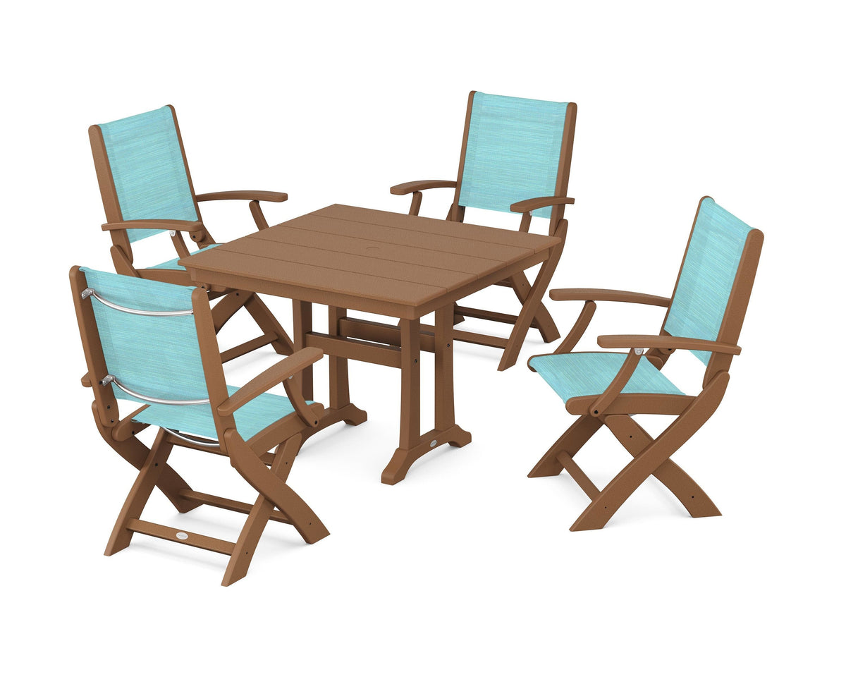 POLYWOOD Coastal Folding Chair 5-Piece Farmhouse Dining Set With Trestle Legs in Teak / Dupioni Aquamarine
