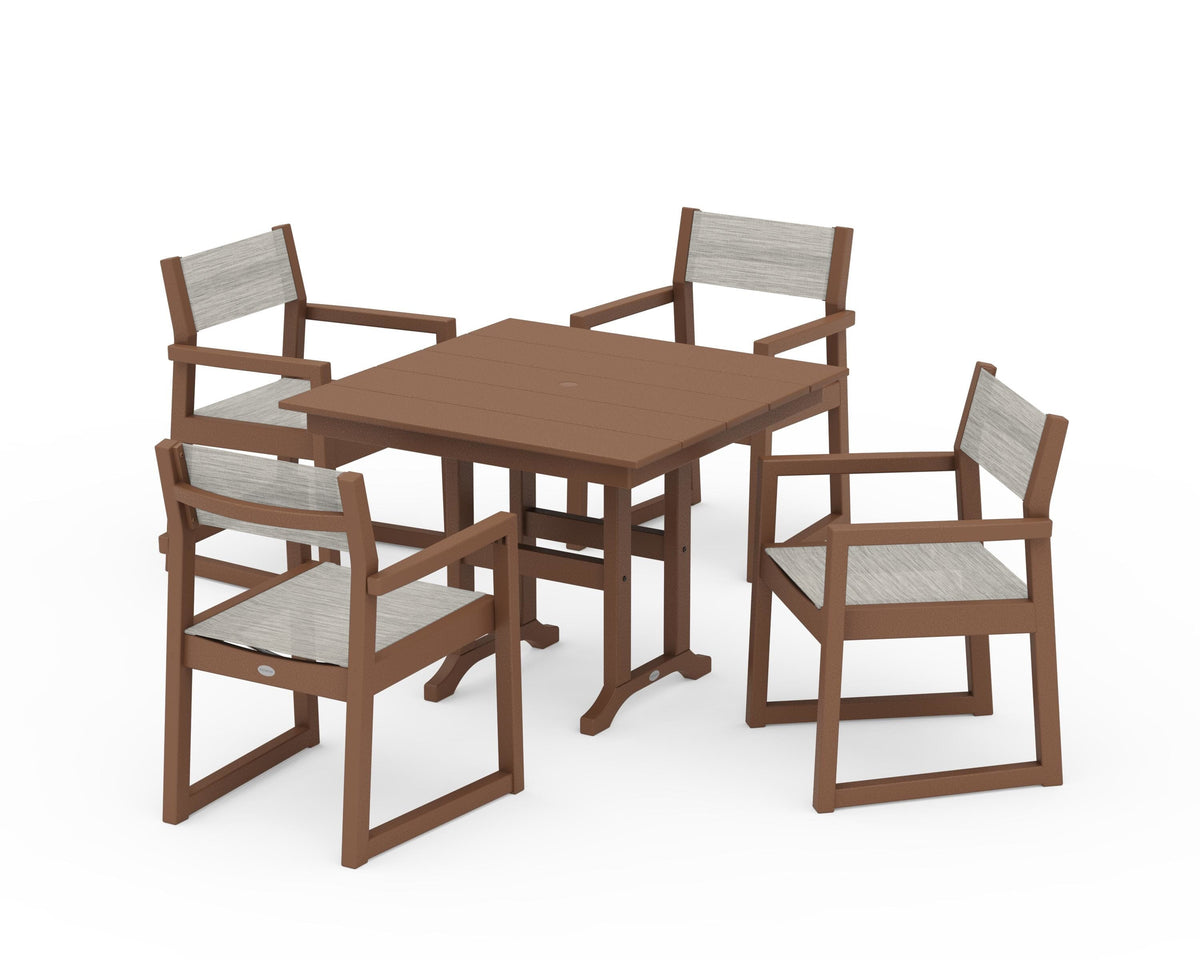 POLYWOOD EDGE Sling Arm Chair 5-Piece Farmhouse Dining Set in Teak / Birch