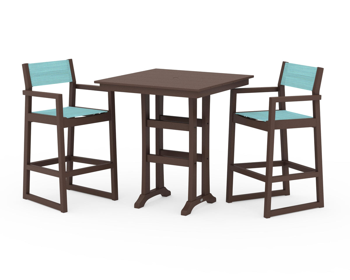 POLYWOOD EDGE Sling Arm Chair 3-Piece Farmhouse Bar Set with Trestle Legs in Mahogany / Dupioni Aquamarine