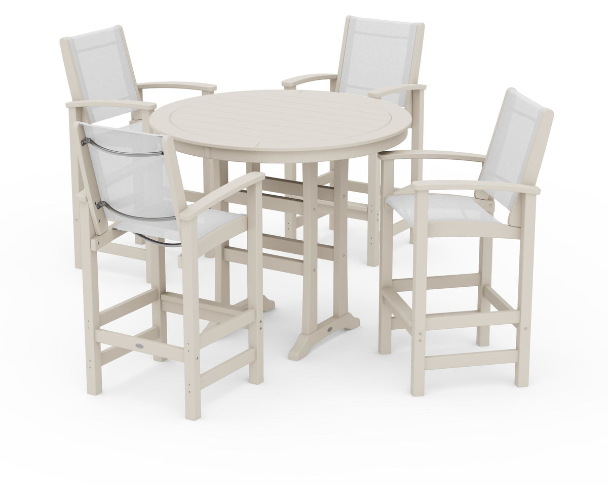 POLYWOOD Coastal 5-Piece Nautical Trestle Bar Set in Sand / White