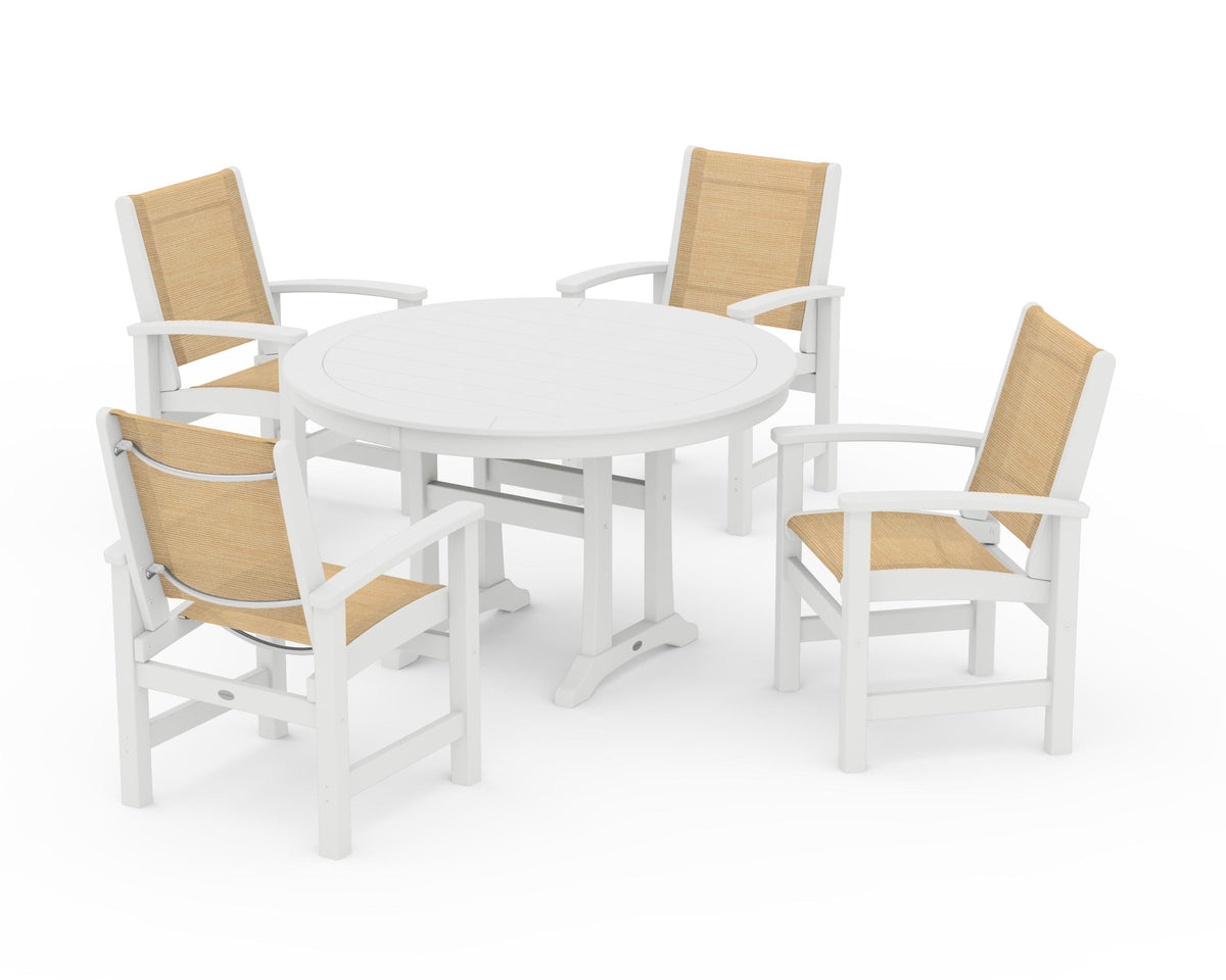 POLYWOOD Coastal 5-Piece Round Dining Set with Trestle Legs in White / Dupioni Apricot
