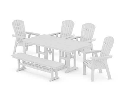 POLYWOOD Nautical Curveback Adirondack 6-Piece Farmhouse Dining Set with Bench in White