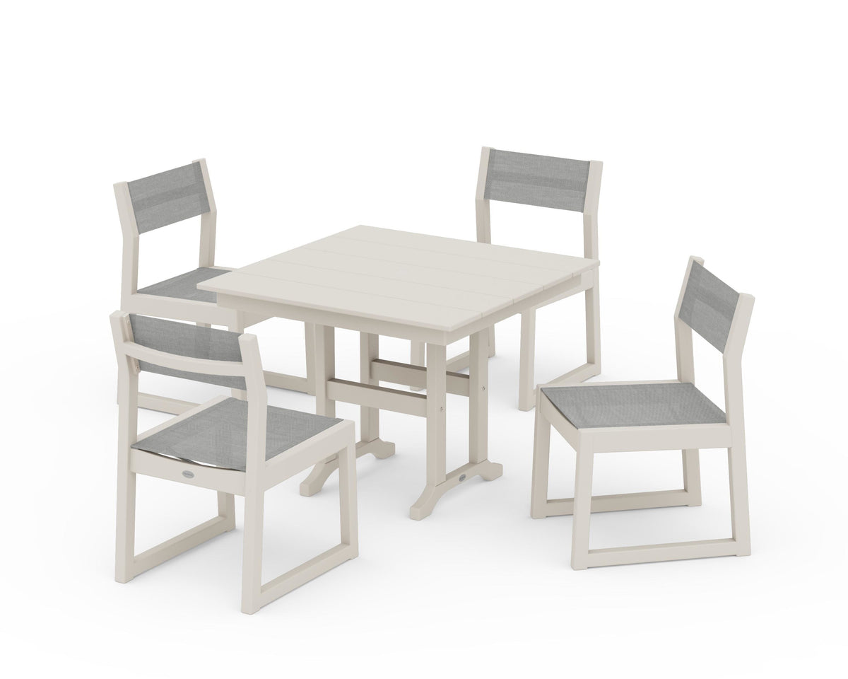 POLYWOOD EDGE Sling Side Chair 5-Piece Farmhouse Dining Set in Sand / Metallic