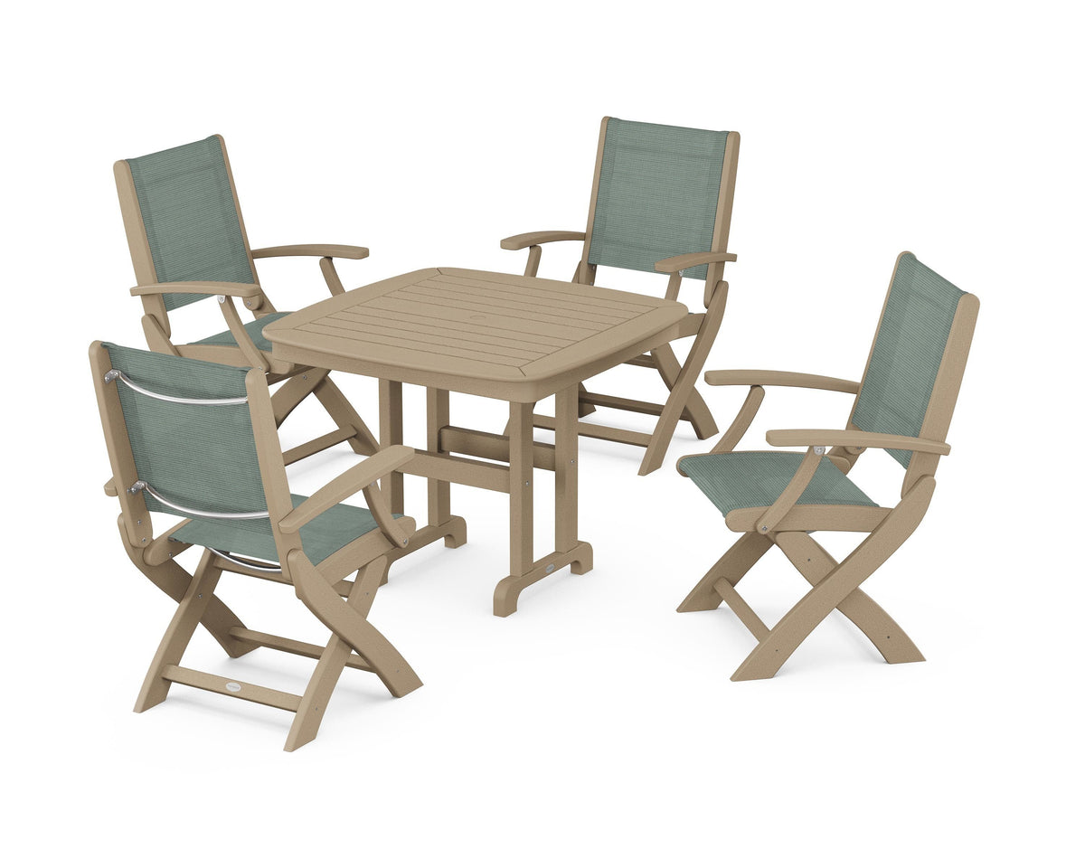 POLYWOOD Coastal Folding Chair 5-Piece Dining Set with Nautical 37" Dining Table in Vintage Sahara / Dupioni Sea Mist