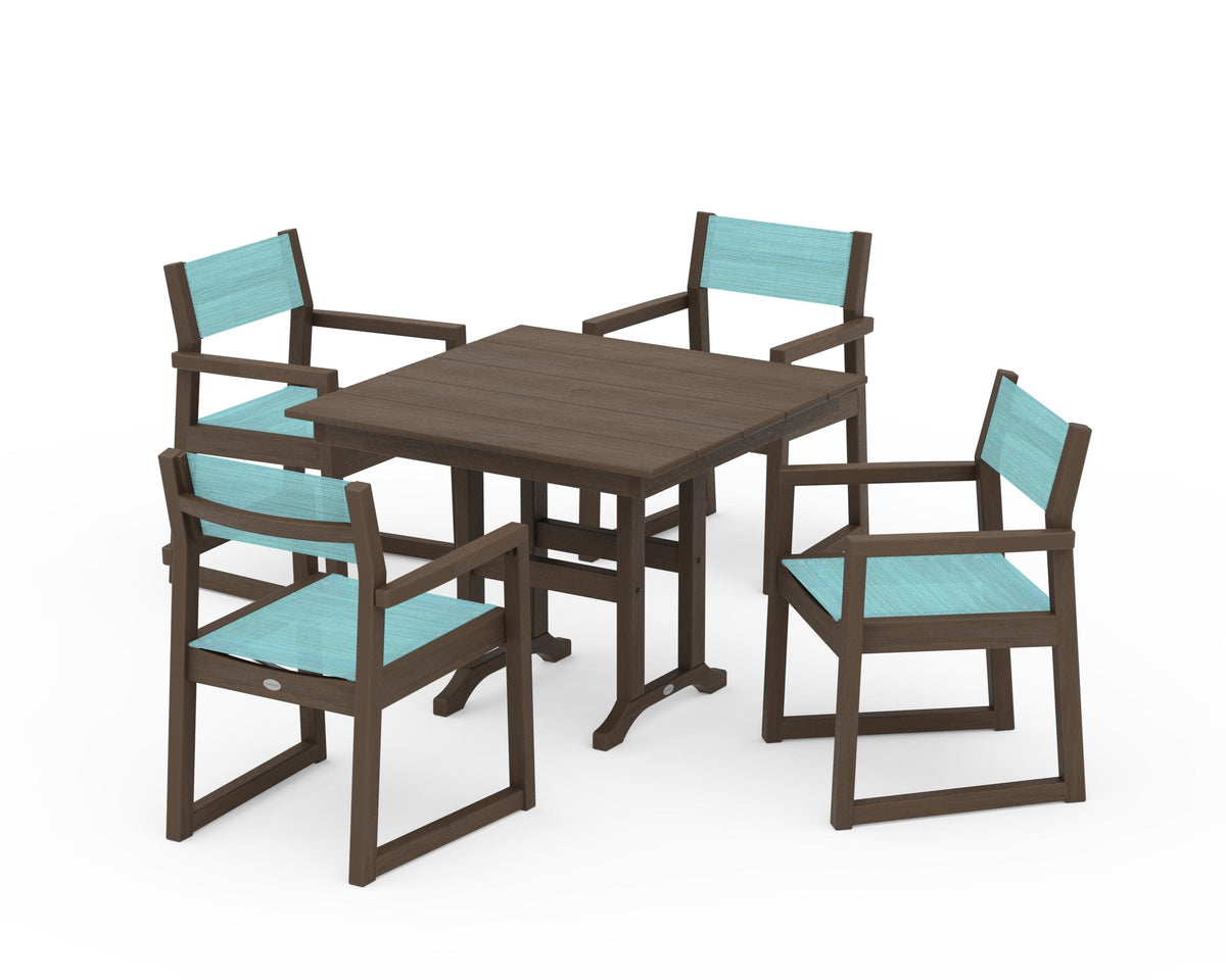 POLYWOOD EDGE Sling Arm Chair 5-Piece Farmhouse Dining Set in Kona / Dupioni Aquamarine