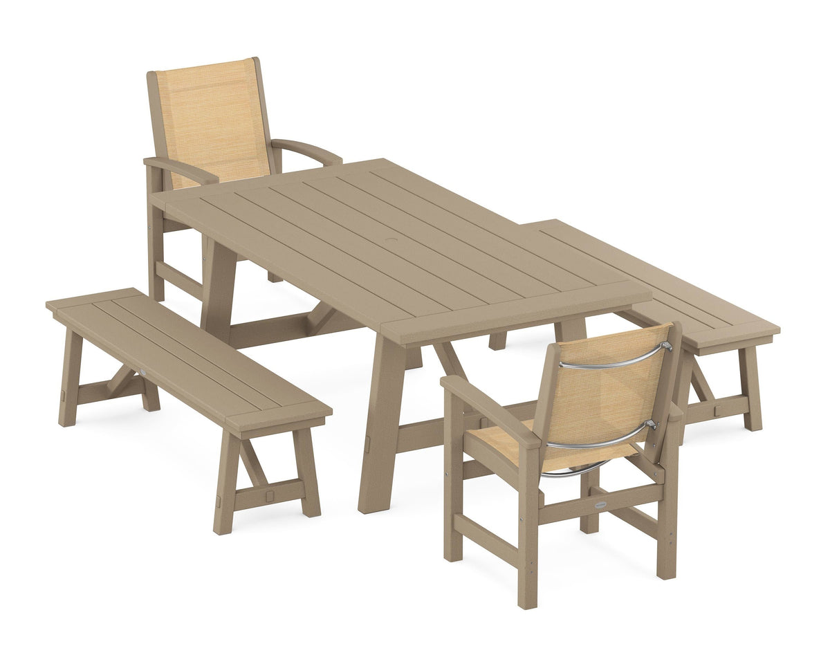 POLYWOOD Coastal 5-Piece Rustic Farmhouse Dining Set With Benches in Vintage Sahara / Dupioni Apricot