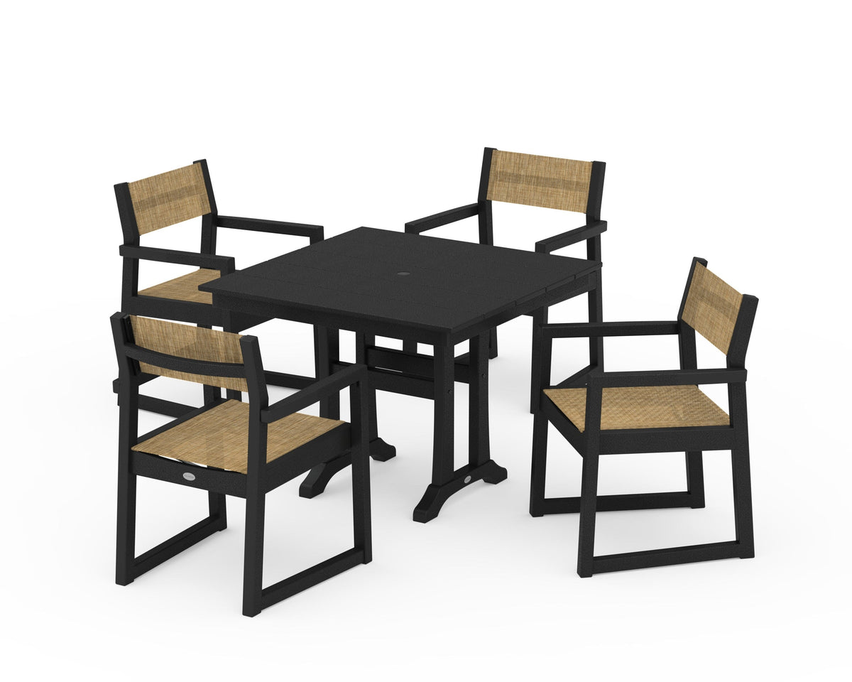 POLYWOOD EDGE Sling 5-Piece Farmhouse Dining Set with Trestle Legs in Black / Burlap