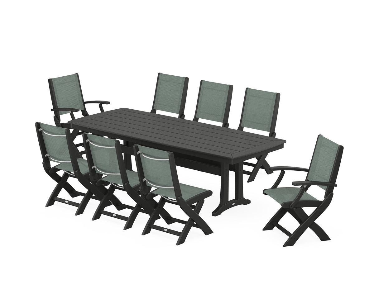 POLYWOOD Coastal Folding 9-Piece Dining Set with Trestle Legs in Black / Dupioni Sea Mist
