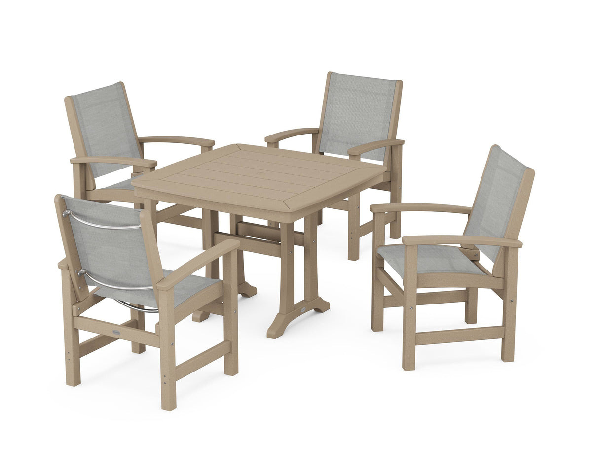 POLYWOOD Coastal 5-Piece Dining Set with Trestle Legs with Nautical Trestle 37" Dining Table in Vintage Sahara / Metallic