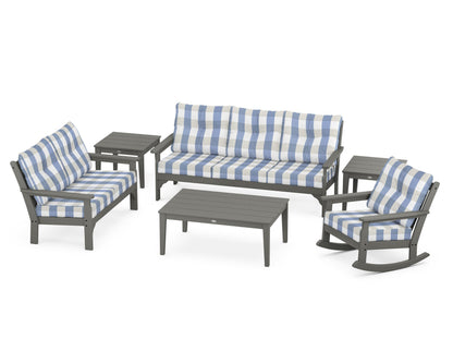 POLYWOOD Vineyard 6-Piece Deep Seating Set with Rocking Chair in Slate Grey / Buffalo Plaid Sky Blue