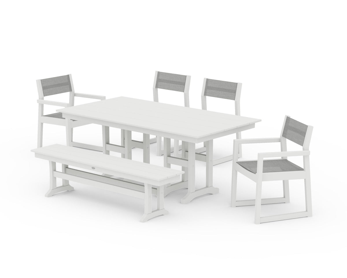 POLYWOOD EDGE Sling 6-Piece Farmhouse Dining Set in Vintage White / Metallic