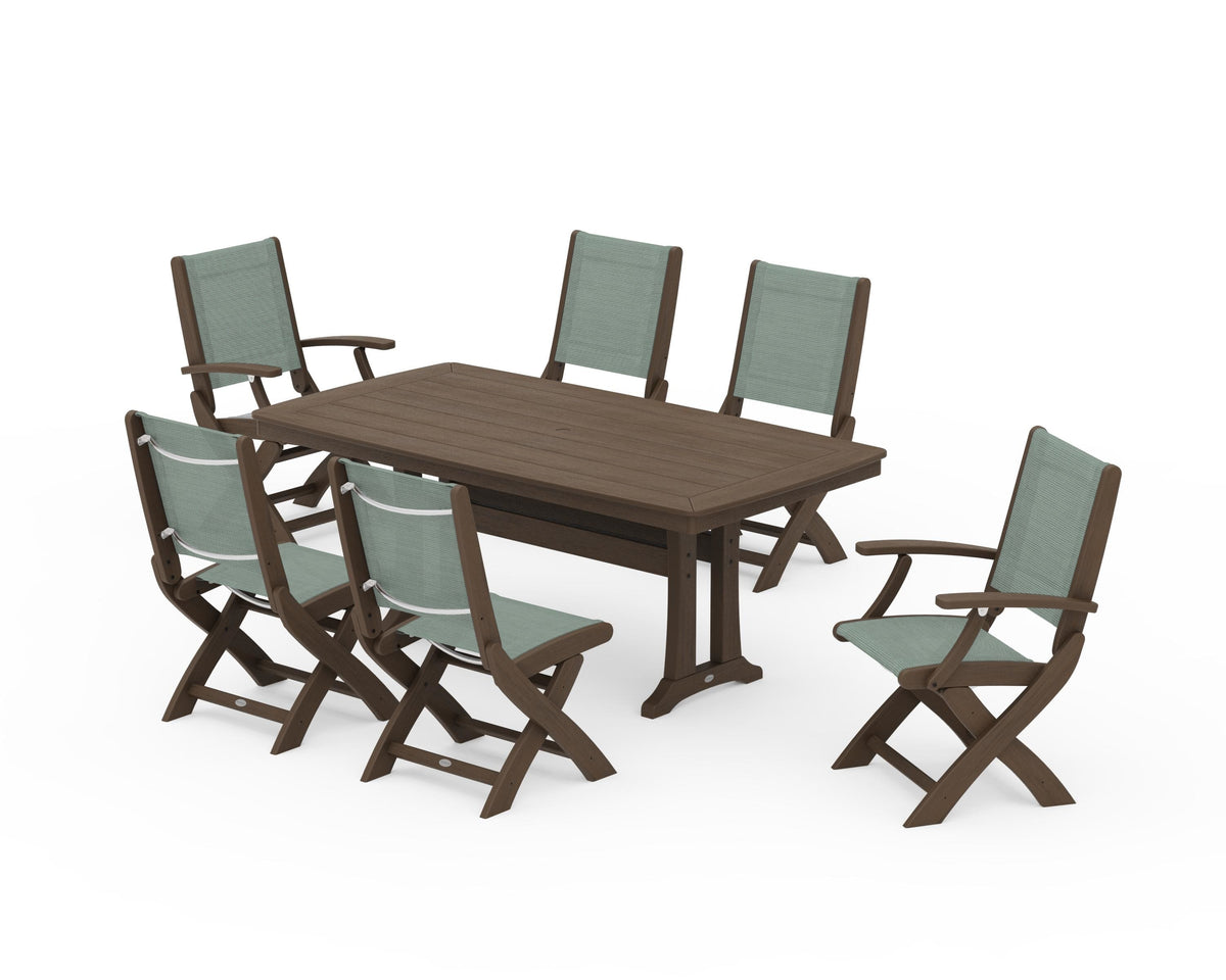 POLYWOOD Coastal Folding Chair 7-Piece Dining Set with Trestle Legs with Nautical Trestle 38" x 73" Dining Table in Kona / Dupioni Sea Mist
