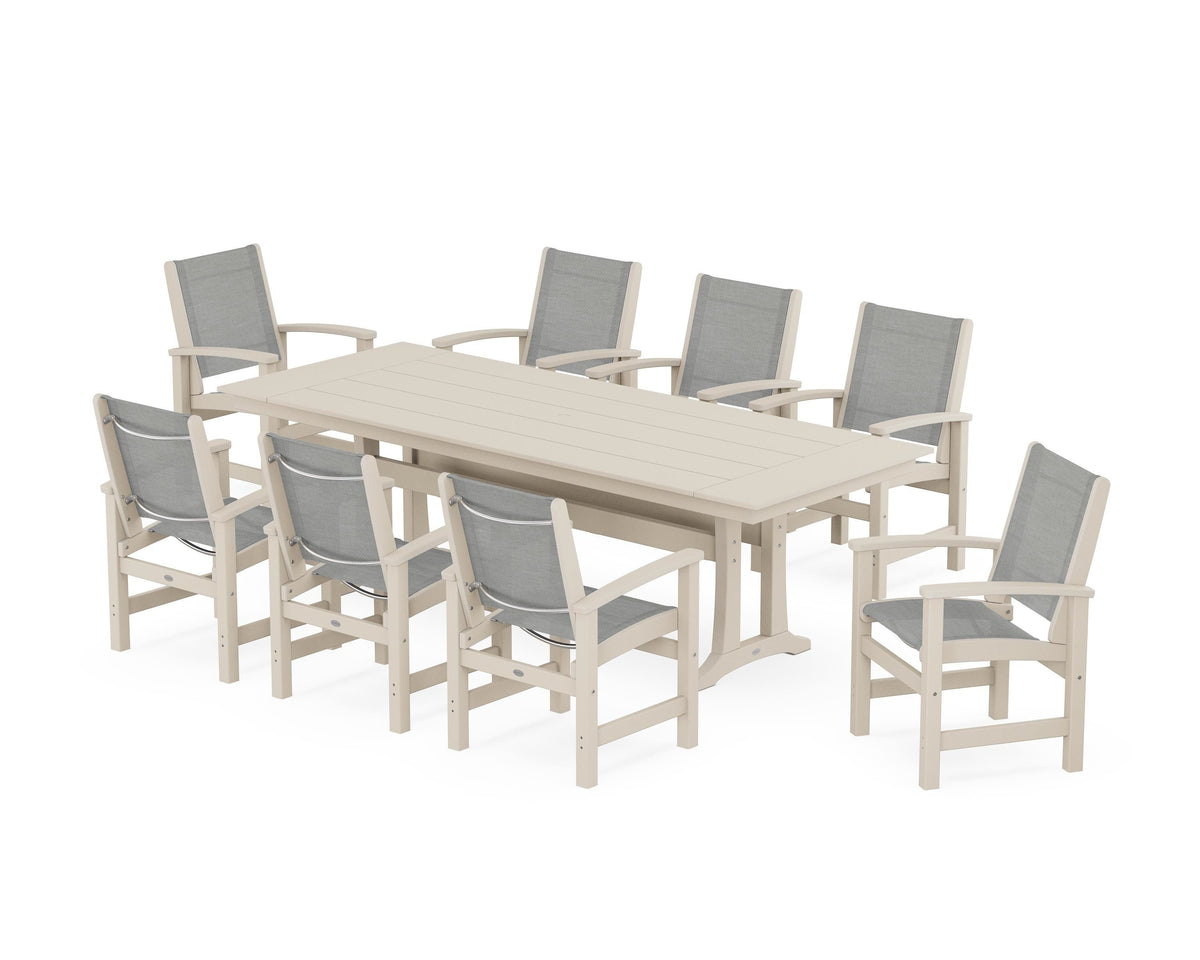POLYWOOD Coastal 9-Piece Farmhouse Dining Set with Trestle Legs in Sand / Metallic