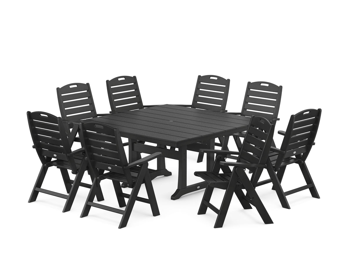 POLYWOOD Nautical Highback 9-Piece Square Farmhouse Dining Set with Trestle Legs in Black