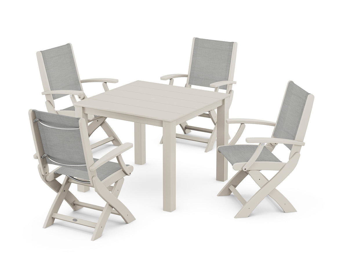 POLYWOOD Coastal Folding Chair 5-Piece Parsons Dining Set in Sand / Metallic