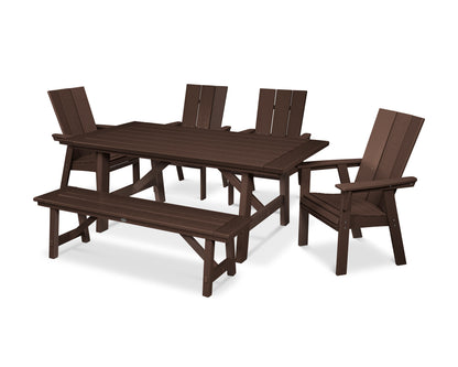 POLYWOOD Modern Curveback Adirondack 6-Piece Rustic Farmhouse Dining Set with Bench in Mahogany