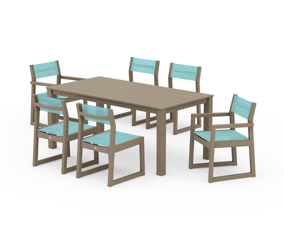 POLYWOOD EDGE Sling 7-Piece Parsons Dining Set in Vintage Sahara / Dupioni Aquamarine