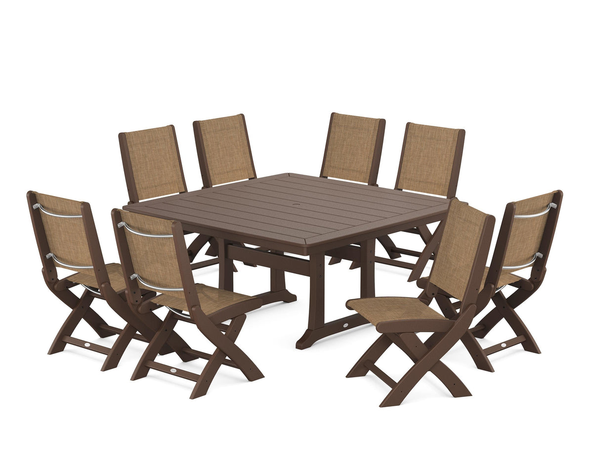 POLYWOOD Coastal Folding Side Chair 9-Piece Dining Set with Trestle Legs in Mahogany / Burlap