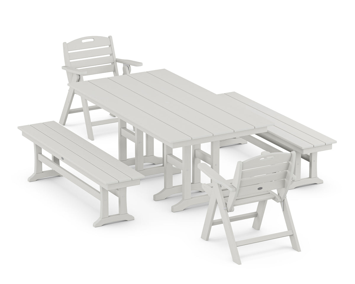POLYWOOD Nautical Lowback 5-Piece Farmhouse Dining Set with Benches in Vintage White