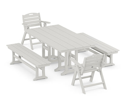 POLYWOOD Nautical Lowback 5-Piece Farmhouse Dining Set with Benches in Vintage White
