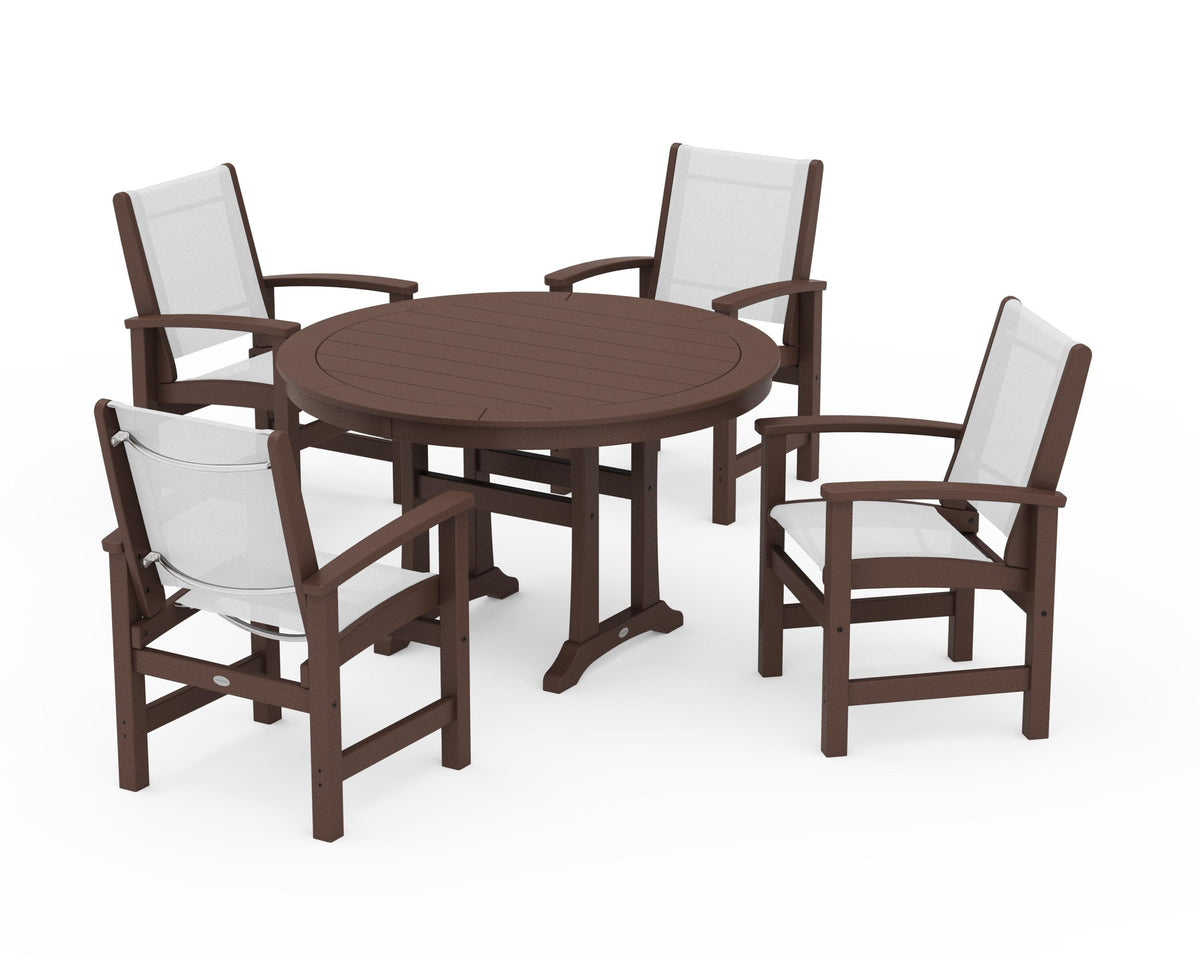 POLYWOOD Coastal 5-Piece Round Dining Set with Trestle Legs in Mahogany / White