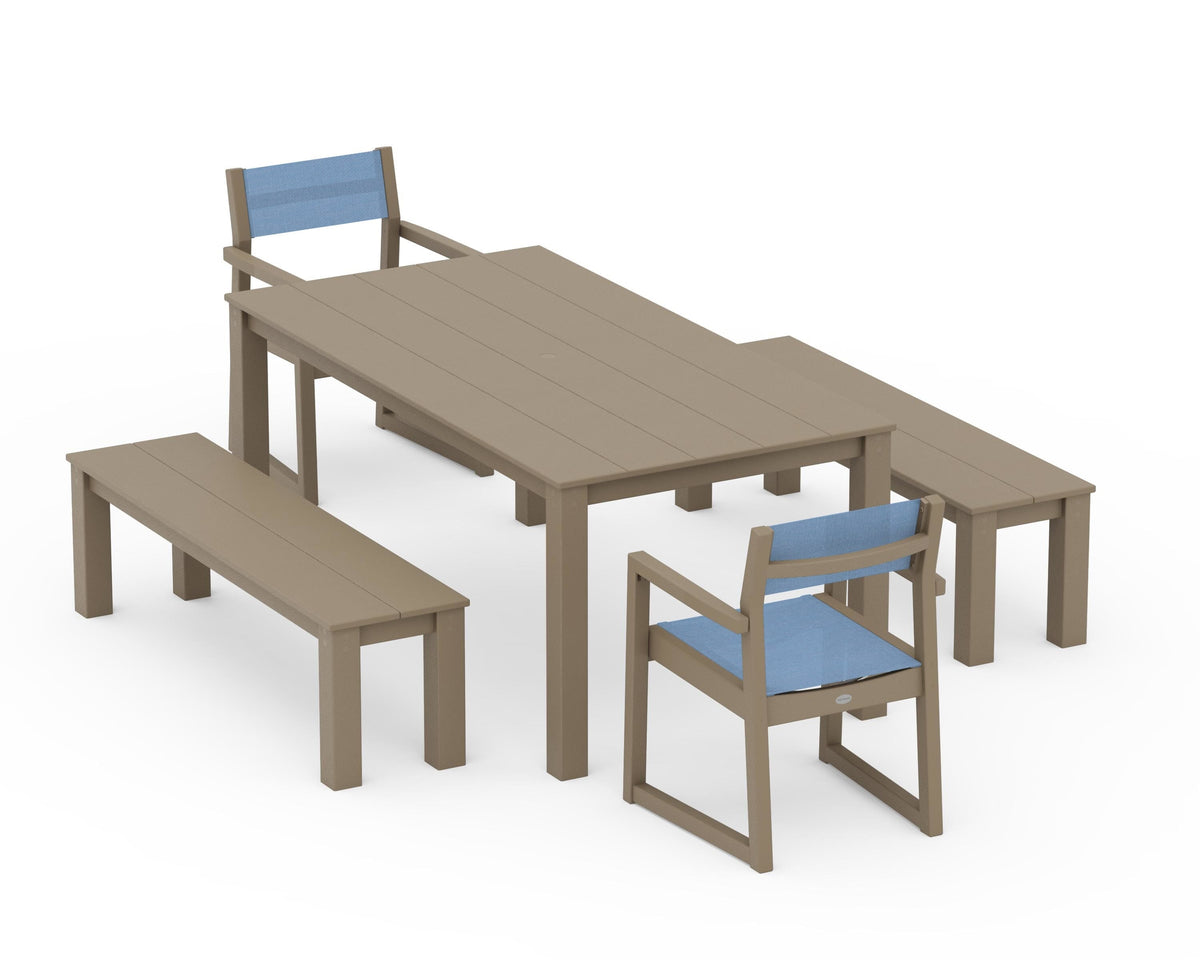POLYWOOD EDGE Sling Arm Chair 5-Piece Parsons Dining Set with Benches in Vintage Sahara / Poolside