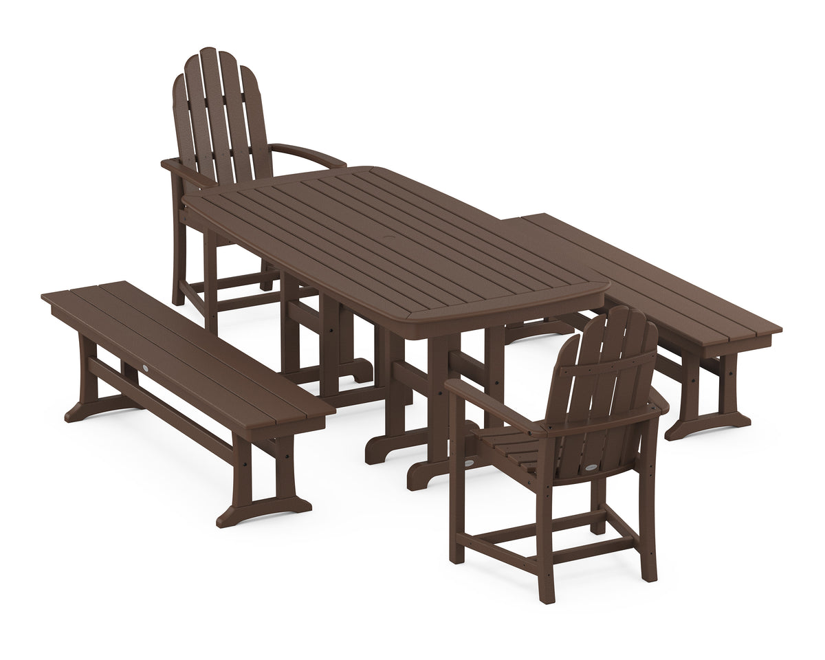 POLYWOOD Classic Adirondack 5-Piece Dining Set with Benches - 37" x 72" Table in Mahogany