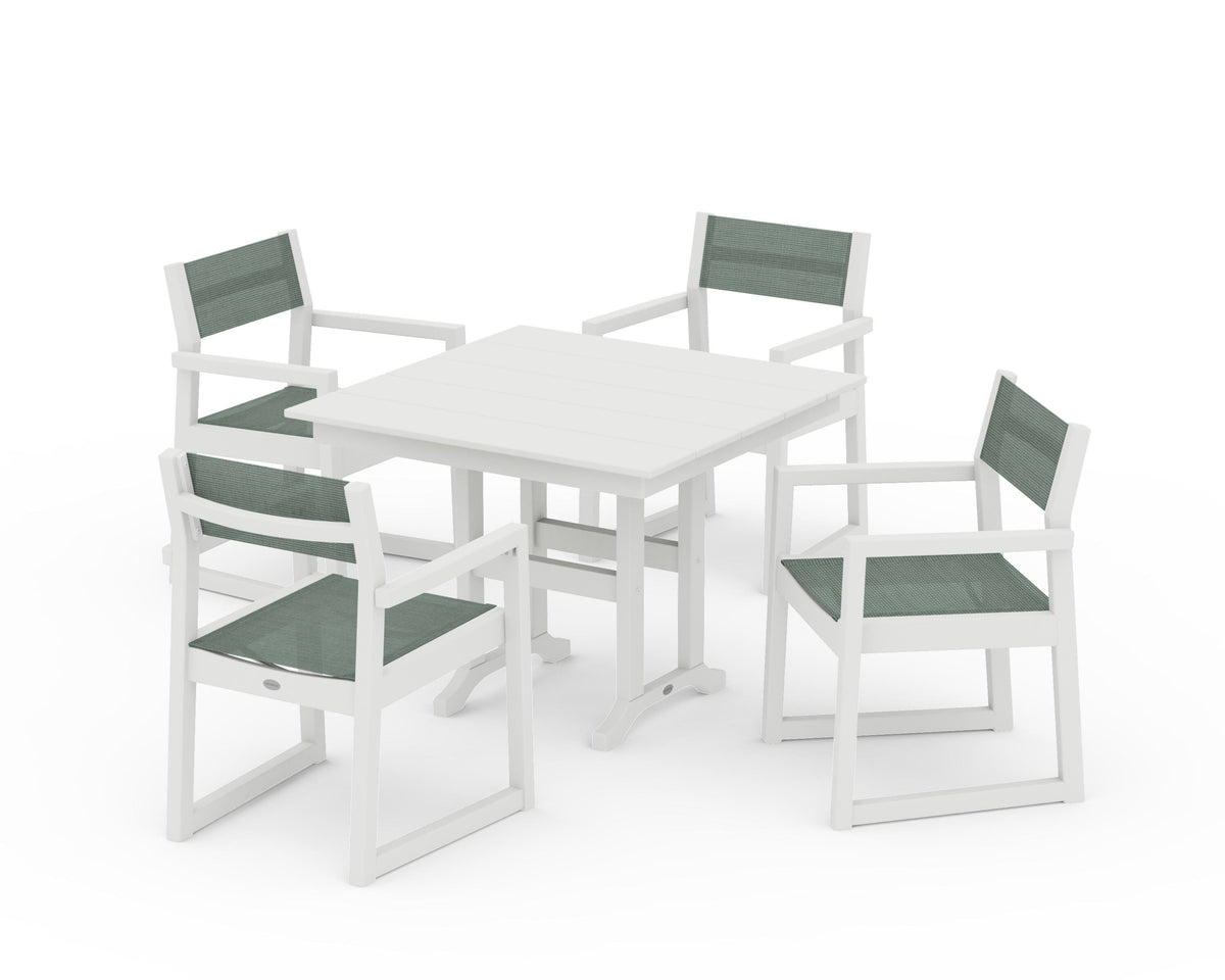 POLYWOOD EDGE Sling Arm Chair 5-Piece Farmhouse Dining Set in Vintage White / Dupioni Sea Mist