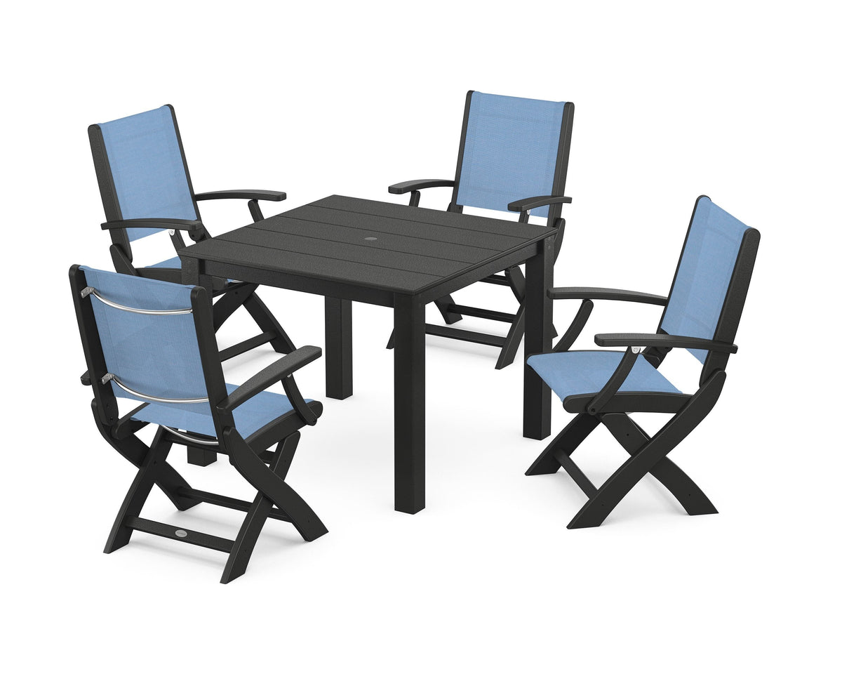 POLYWOOD Coastal Folding Chair 5-Piece Parsons Dining Set in Black / Poolside