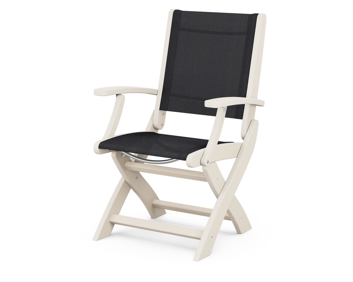POLYWOOD Coastal Folding Chair in Sand with Sand arms and Black sling