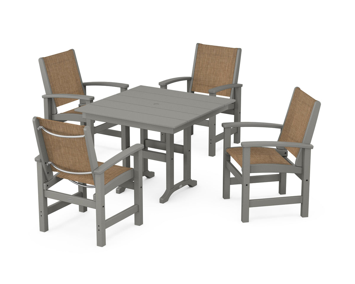 POLYWOOD Coastal 5-Piece Farmhouse Dining Set with Farmhouse 37" Dining Table in Slate Grey / Burlap