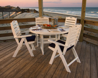 POLYWOOD Nautical Folding Chair 5-Piece Round Farmhouse Dining Set in White in an outdoor setting