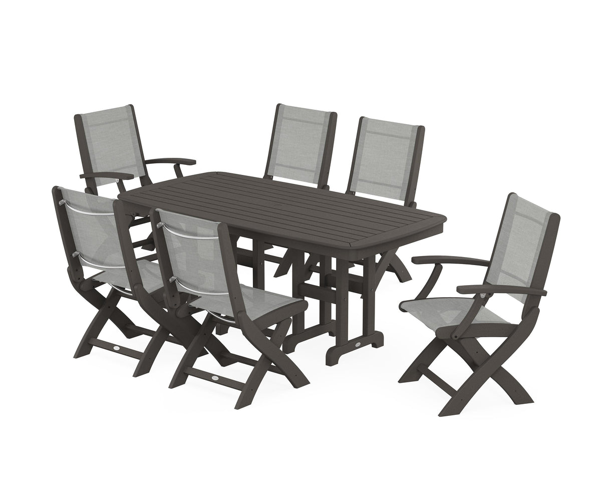 POLYWOOD Coastal Folding Chair 7-Piece Dining Set in Vintage Coffee / Metallic