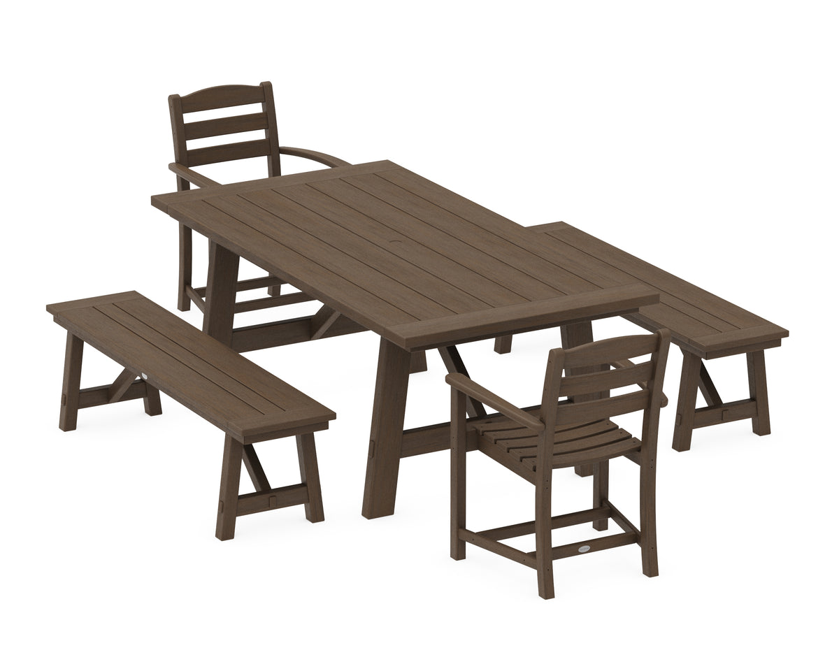 POLYWOOD La Casa Café 5-Piece Rustic Farmhouse Dining Set with Benches in Kona