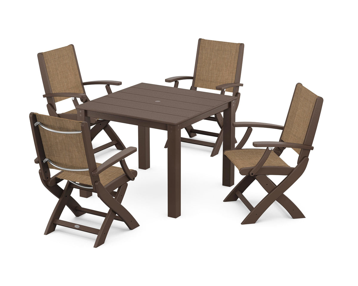 POLYWOOD Coastal Folding Chair 5-Piece Parsons Dining Set in Mahogany / Burlap