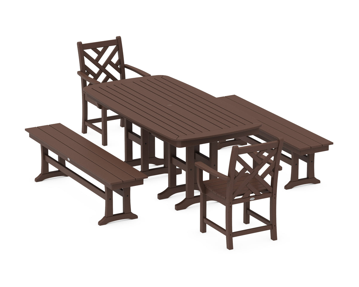 POLYWOOD Chippendale 5-Piece Dining Set with Benches - 37" x 72" Table in Mahogany