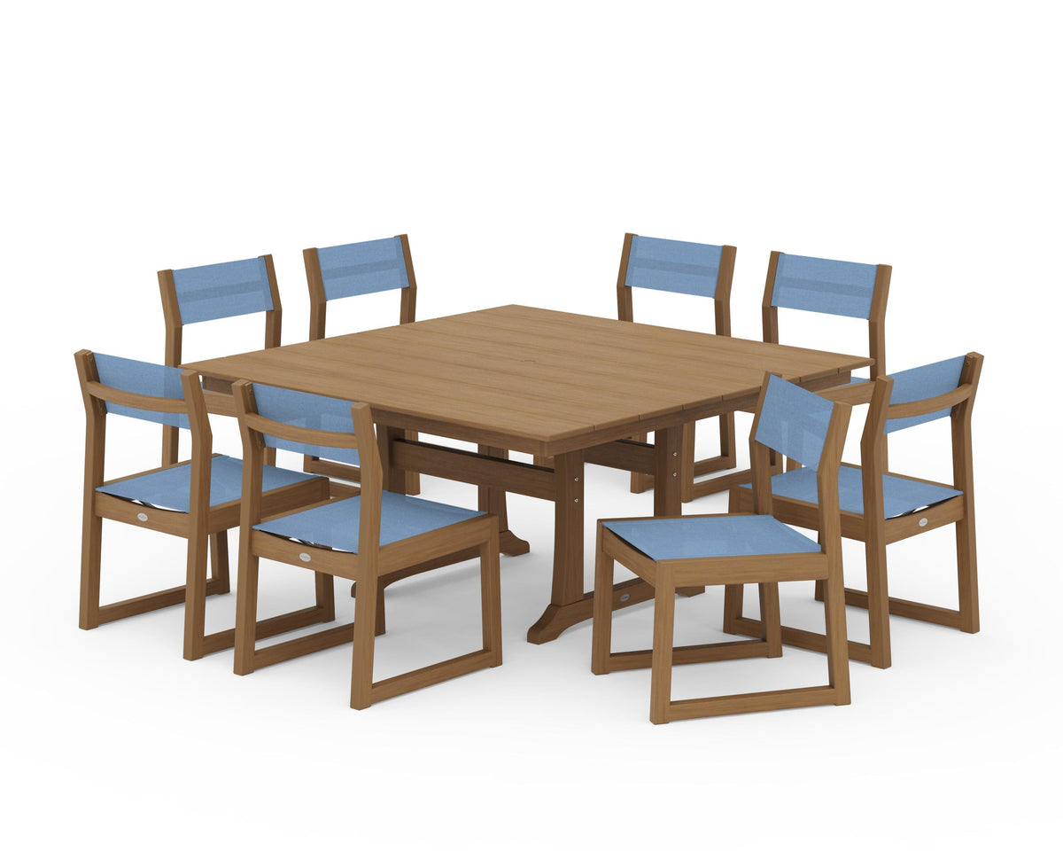 POLYWOOD EDGE Sling Side Chair 9-Piece Farmhouse Trestle Dining Set in Natural / Poolside