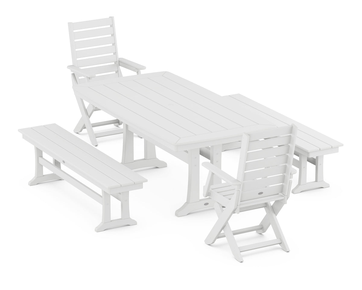 POLYWOOD Captain Folding Chair 5-Piece Dining Set with Trestle Legs - 38" x 73" Table in White