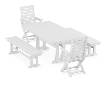 POLYWOOD Captain Folding Chair 5-Piece Dining Set with Trestle Legs - 38" x 73" Table in White