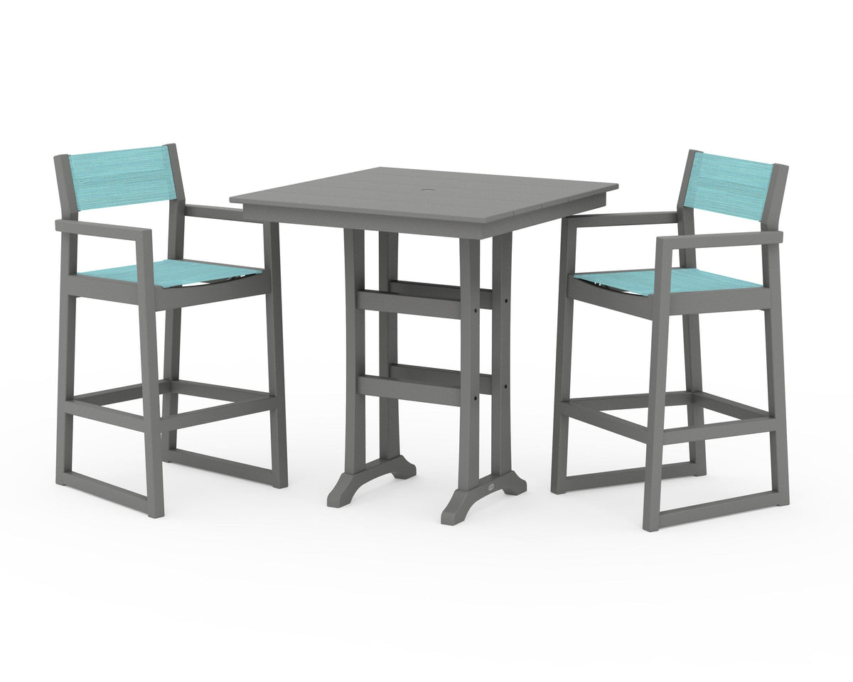 POLYWOOD EDGE Sling Arm Chair 3-Piece Farmhouse Bar Set with Trestle Legs in Slate Grey / Dupioni Aquamarine