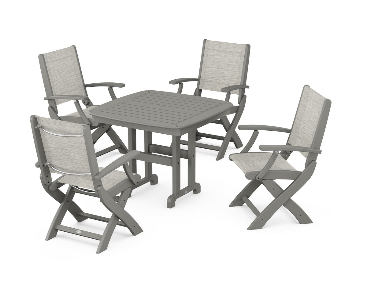 POLYWOOD Coastal Folding Chair 5-Piece Dining Set with Nautical 37" Dining Table in Slate Grey / Birch
