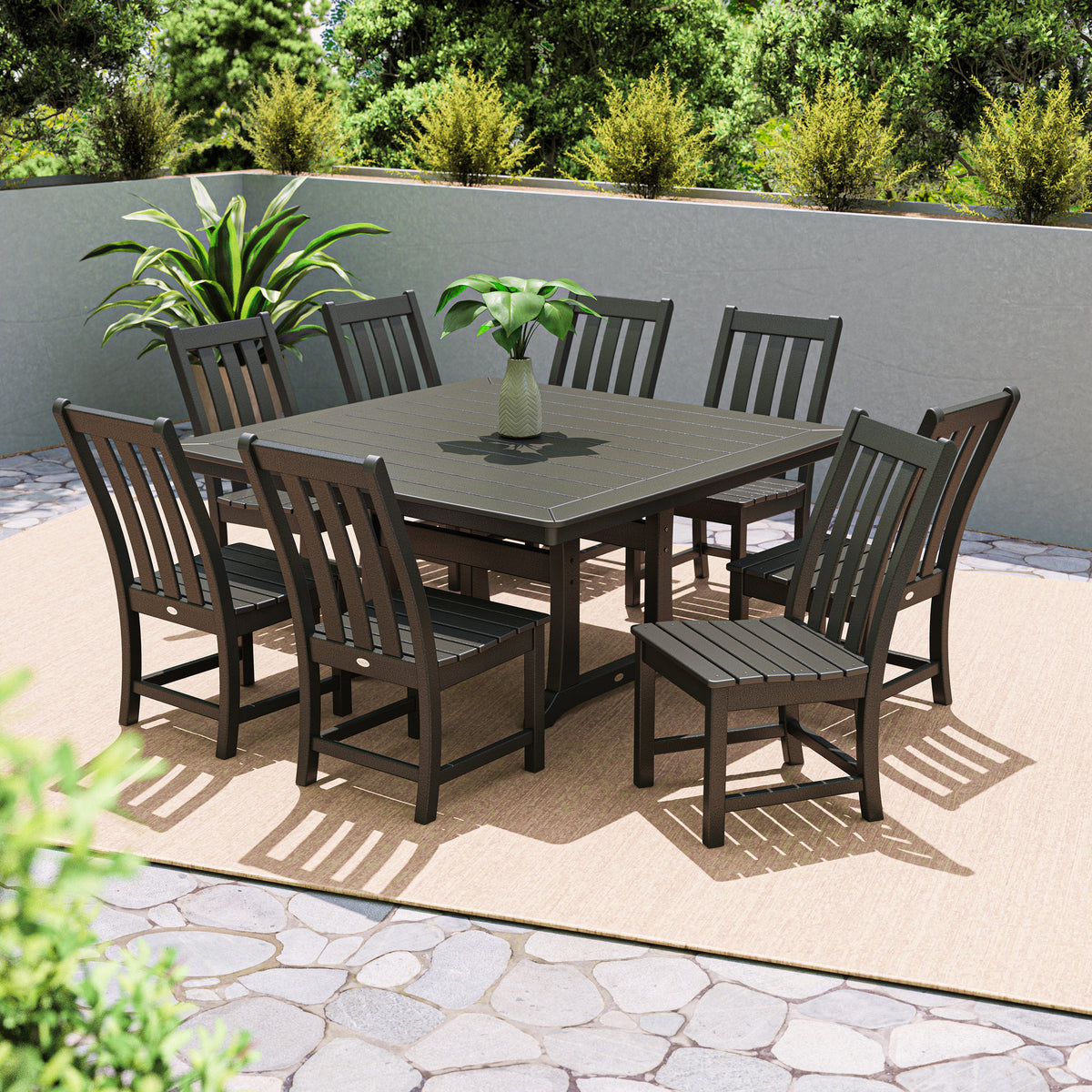 POLYWOOD Vineyard 9-Piece Dining Set in Black styled outdoors