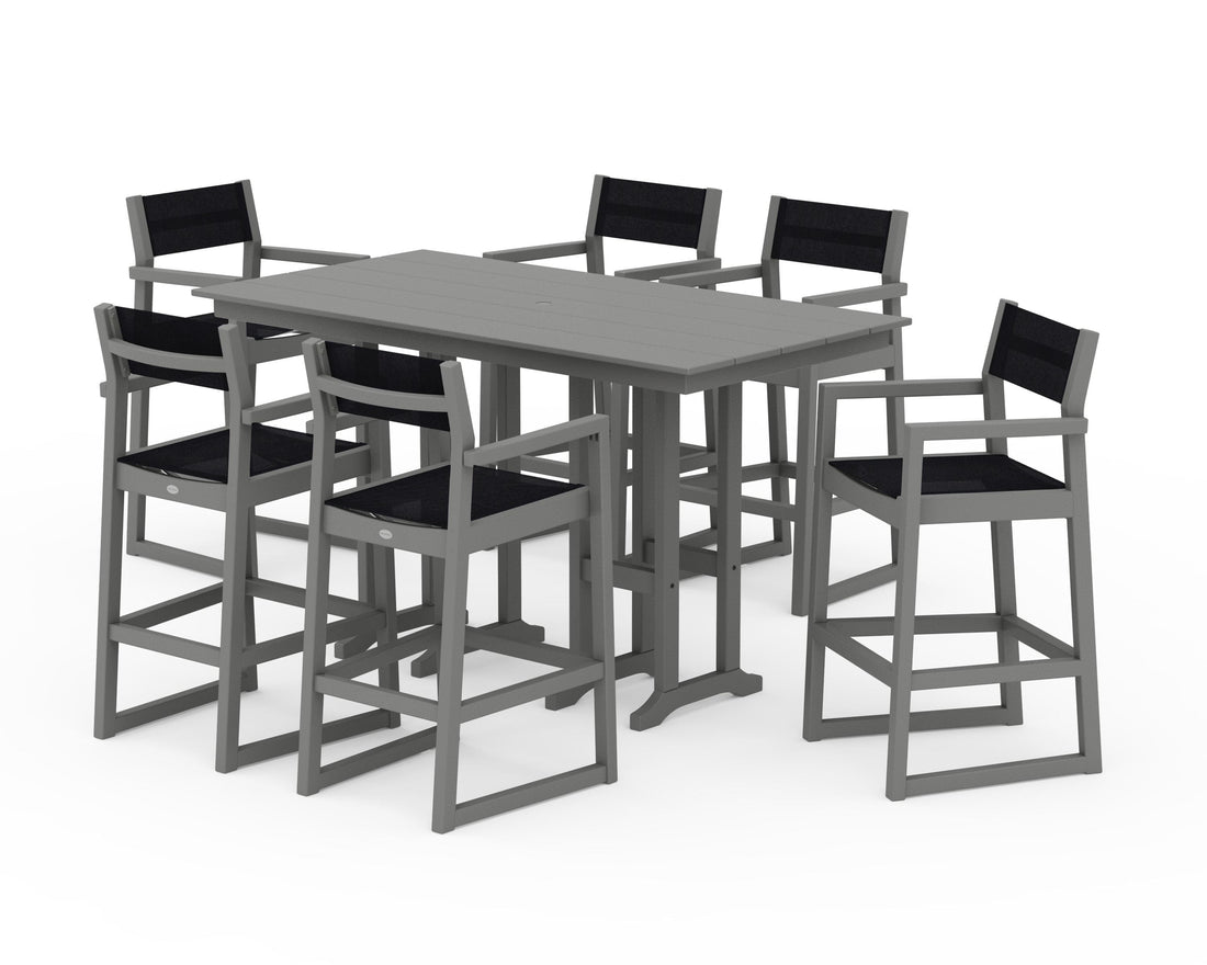 POLYWOOD EDGE Sling Arm Chair 7-Piece Farmhouse Bar Set in Slate Grey / Black