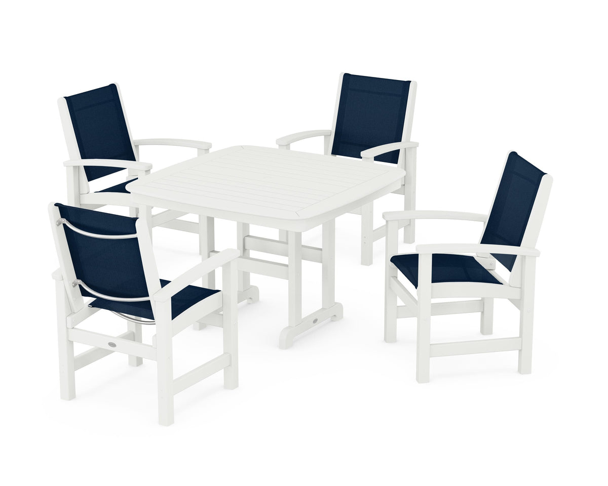 POLYWOOD Coastal 5-Piece Dining Set with Nautical 44" Dining Table in Vintage White / Navy Blue