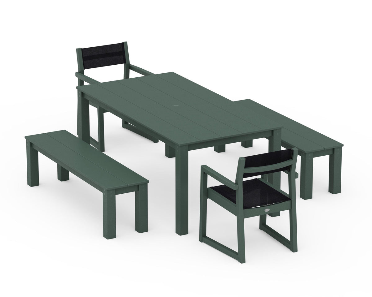 POLYWOOD EDGE Sling Arm Chair 5-Piece Parsons Dining Set with Benches in Green / Black