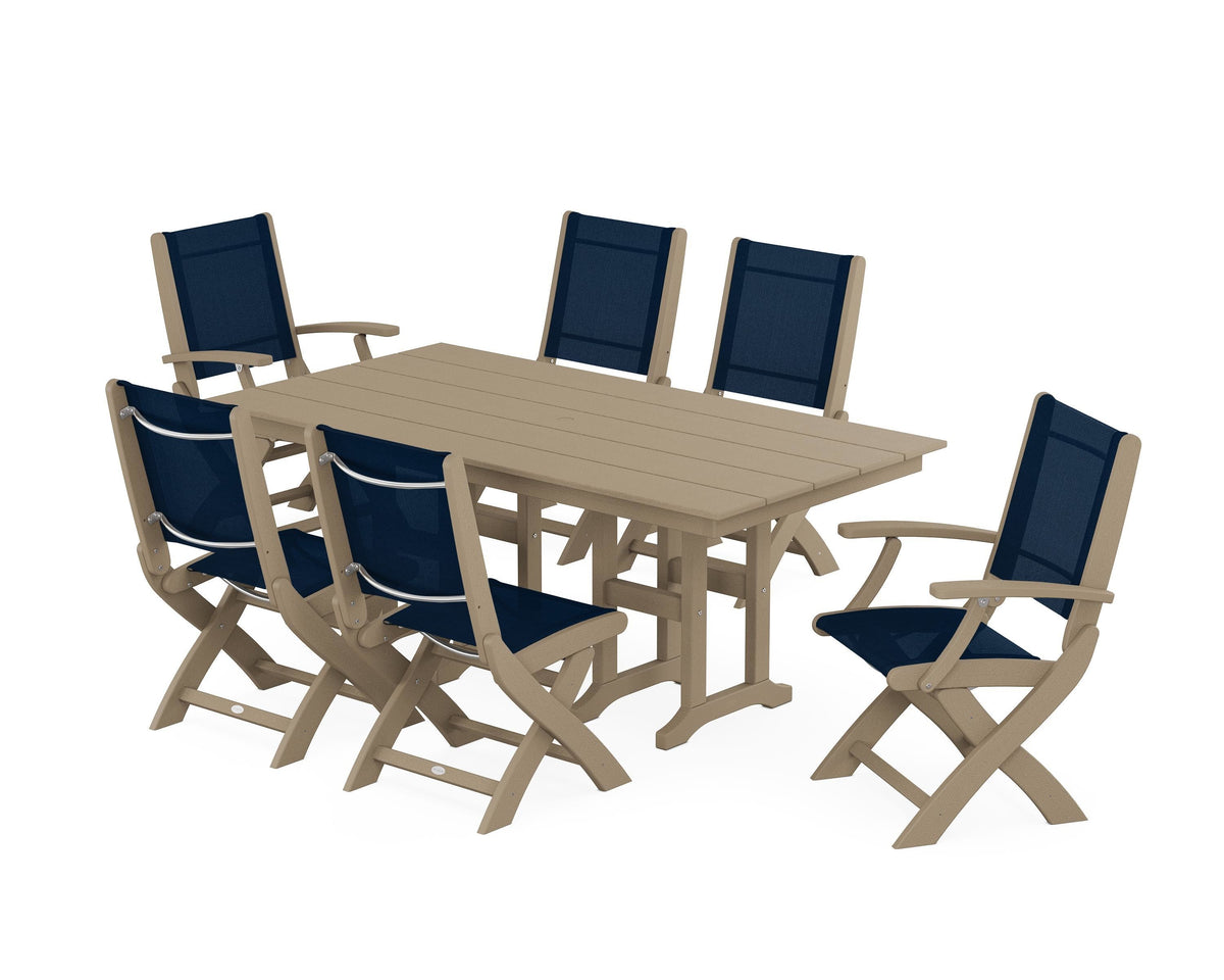 POLYWOOD Coastal Folding Chair 7-Piece Farmhouse Dining Set in Vintage Sahara / Navy Blue