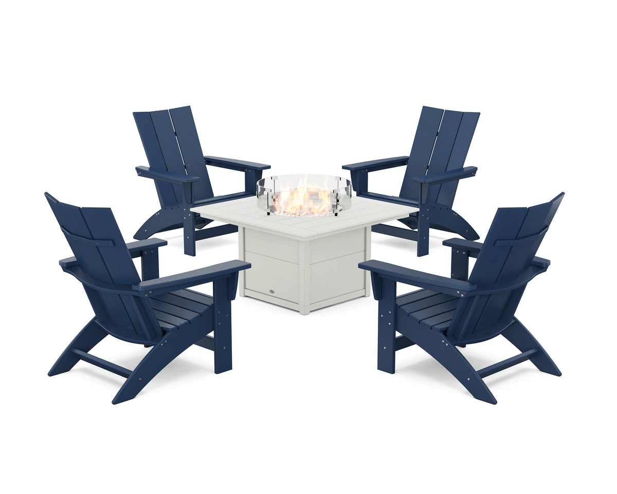 POLYWOOD 5-Piece Modern Grand Adirondack Conversation Set with Fire Pit Table in Navy / White