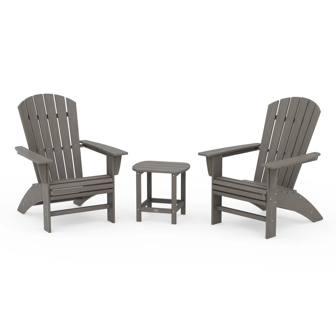 Two gray Adirondack chairs with a matching side table on a white background